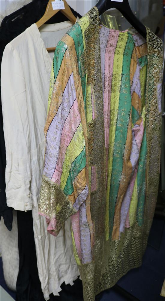 A cream 1920s silk dress and stripe and gold lace evening coat